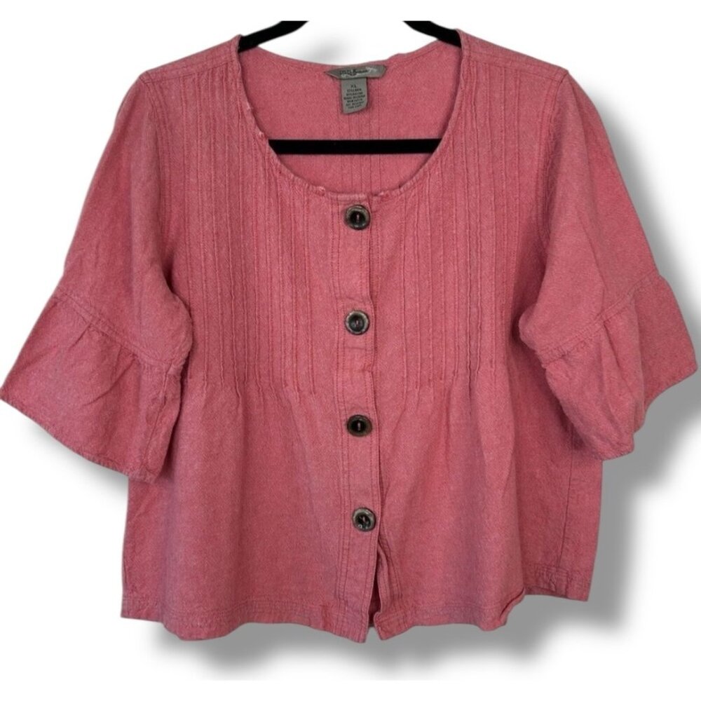 Vintage IB Diffusion Red Linen Blend Flare Sleeve Button Top Boho Lagenlook